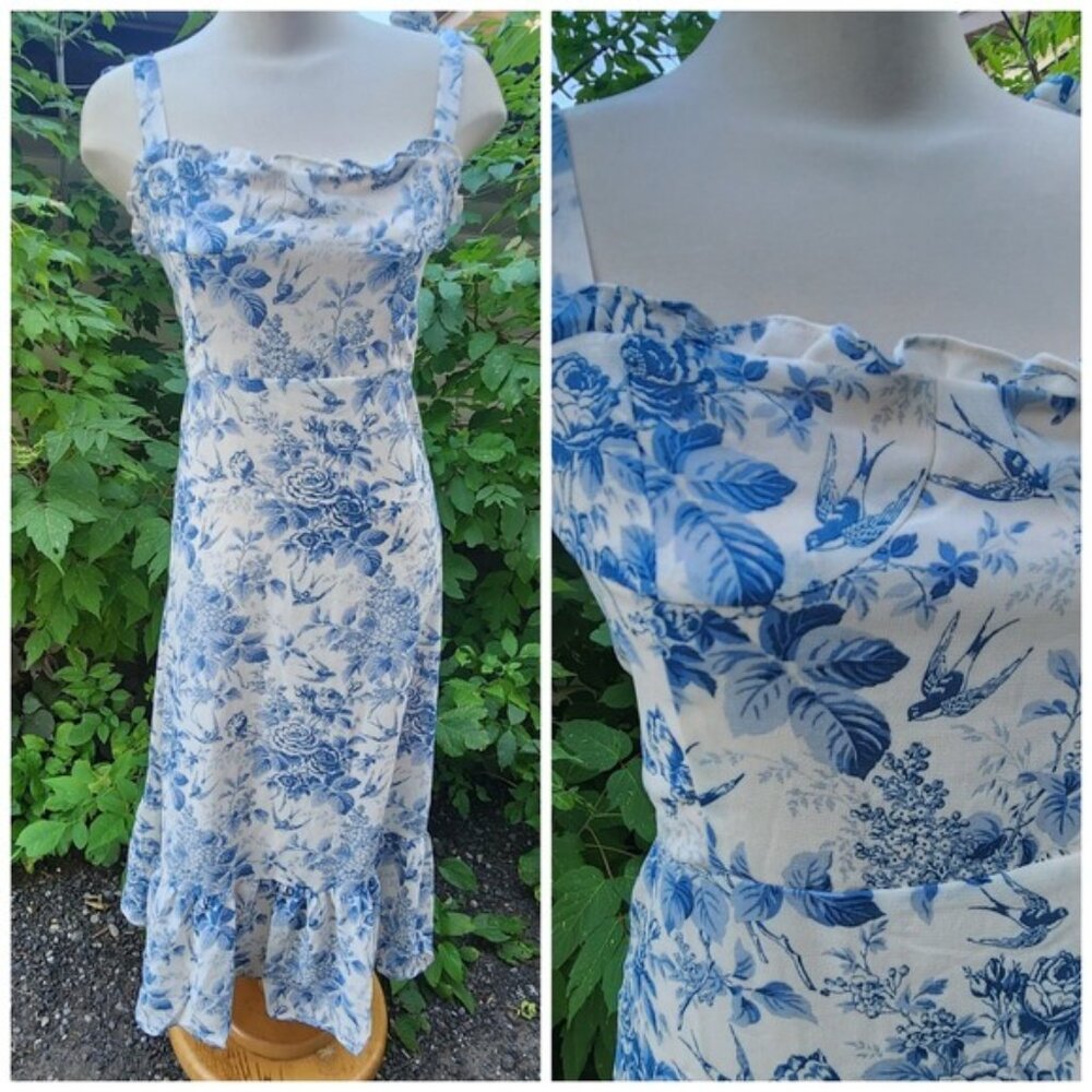 1831 Sunday Up Blue White Floral Midi Dress Summer Dress Garden Partycore fit M‎